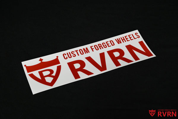 Red RVRN Custom Forged Wheels wordmark sticker on a black background.