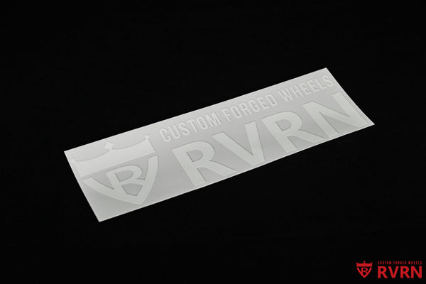 White RVRN Custom Forged Wheels wordmark sticker on a black background.