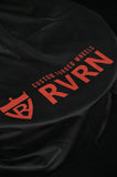 Close view of the red RVRN Custom Forged Wheels logo printed on the black wheel storage bag.