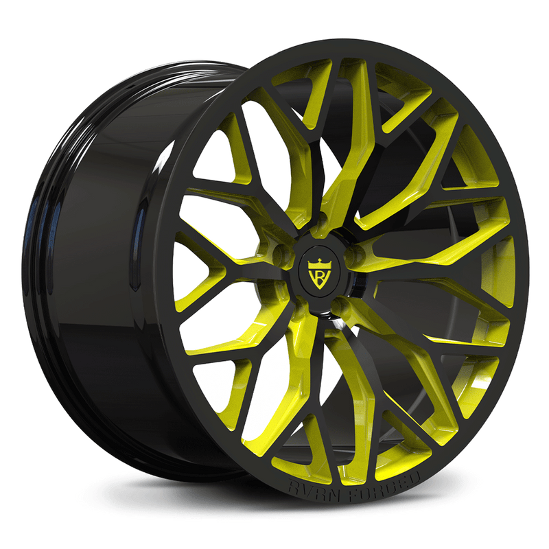 Custom monoblock two-tone forged wheel in piano black with lemon yellow accent – RVRN MG122