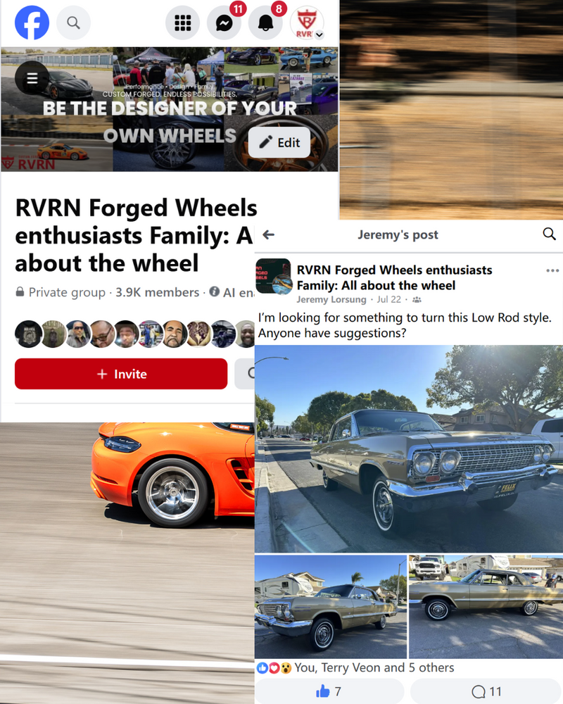 Collage of images including a Facebook group page for RVRN Forged Wheels enthusiasts, a car with forged wheels, and a vintage car.