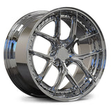 Cadillac CT5-V Blackwing chrome wheels, RVRN RV-DB179 full chrome Y-spoke step lip 2-piece forged custom rims angled view.