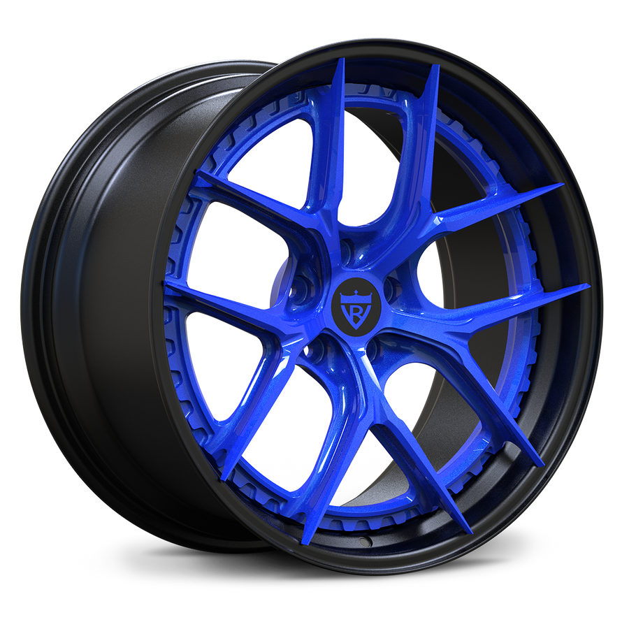 Corvette C8 custom wheels, RVRN RV-DB179 gloss ocean blue face with matte black step lip deep dish 2-piece forged wheel angled view on transparent background.