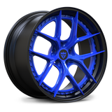 Corvette C8 custom wheels, RVRN RV-DB179 gloss ocean blue face with matte black step lip deep dish 2-piece forged wheel angled view on transparent background.