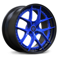 Chevrolet Corvette C8 deep dish rims, RVRN RV-DB179 gloss ocean blue face with matte black step lip Y-spoke 2-piece custom wheels angled view.