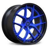 Chevrolet Corvette C8 deep dish rims, RVRN RV-DB179 gloss ocean blue face with matte black step lip Y-spoke 2-piece custom wheels angled view.
