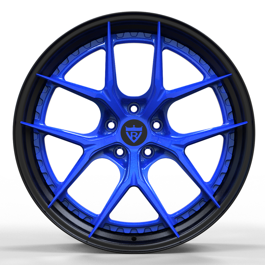 Corvette C8 aftermarket wheels, RVRN RV-DB179 gloss ocean blue face with matte black step lip front-on face view highlighting Y-spoke geometry.