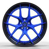 Corvette C8 aftermarket wheels, RVRN RV-DB179 gloss ocean blue face with matte black step lip front-on face view highlighting Y-spoke geometry.