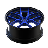Corvette C8 Z06 custom forged wheels, RVRN RV-DB179 gloss ocean blue face with matte black step lip showing deep dish profile and side barrel depth.