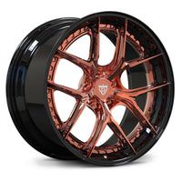 Nissan GT-R R35 aftermarket wheels, RVRN RV-DB179 polished rose gold face with gloss black step lip deep dish Y-spoke 2-piece forged wheels.