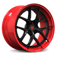 Shelby GT500 custom forged wheels, RVRN RV-DB179 gloss black face with gloss red step lip Y-spoke deep dish 2-piece wheels.
