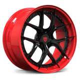 Shelby GT500 custom forged wheels, RVRN RV-DB179 gloss black face with gloss red step lip Y-spoke deep dish 2-piece wheels.