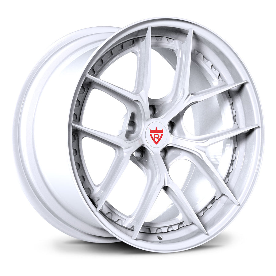 Toyota GR Supra white custom wheels, RVRN RV-DB179 full gloss white Y-spoke 2-piece deep dish forged wheels angled view.