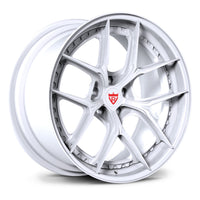 Toyota GR Supra white custom wheels, RVRN RV-DB179 full gloss white Y-spoke 2-piece deep dish forged wheels angled view.