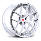 Toyota GR Supra white custom wheels, RVRN RV-DB179 full gloss white Y-spoke 2-piece deep dish forged wheels angled view.