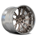 Porsche 911 custom forged wheels, RVRN RV-DC04 polished bronze face with brushed deep lip Y-spoke 2-piece deep dish rims angled view.