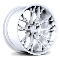 Toyota GR Supra custom forged wheels, RVRN RV-DC04 gloss white Y-spoke 2-piece deep dish wheels angled view.