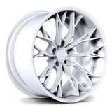 Toyota GR Supra custom forged wheels, RVRN RV-DC04 gloss white Y-spoke 2-piece deep dish wheels angled view.