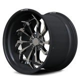 Corvette C8 Z06 deep dish wheels, RVRN RV-DC06 full chrome face with genuine carbon fiber barrel custom forged 2-piece angled view.
