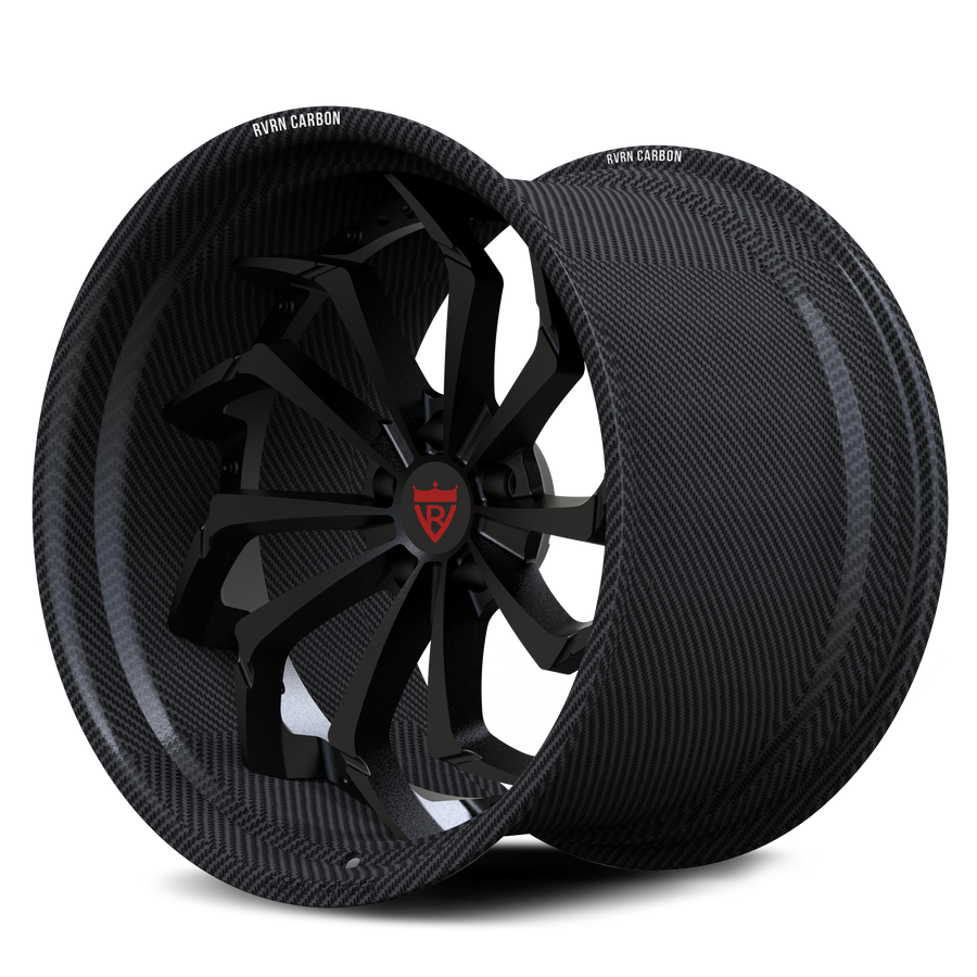 Corvette C8 Z06 custom wheels, RVRN RV-DC06 gloss black face with genuine carbon fiber barrel directional twist 2-piece angled view.