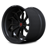 Corvette C8 Z06 custom wheels, RVRN RV-DC06 gloss black face with genuine carbon fiber barrel directional twist 2-piece angled view.