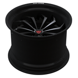2-piece carbon fiber rims for Corvette C8 Z06, RVRN RV-DC06 gloss black with genuine carbon fiber barrel close-up detail view.
