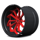 Shelby GT500 carbon fiber wheels, RVRN RV-DC06 gloss red face with genuine carbon fiber barrel deep-dish 2-piece angled view.