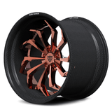 Porsche 911 Turbo S custom wheels, RVRN RV-DC06 polished rose gold face with genuine carbon fiber barrel directional twist angled view.