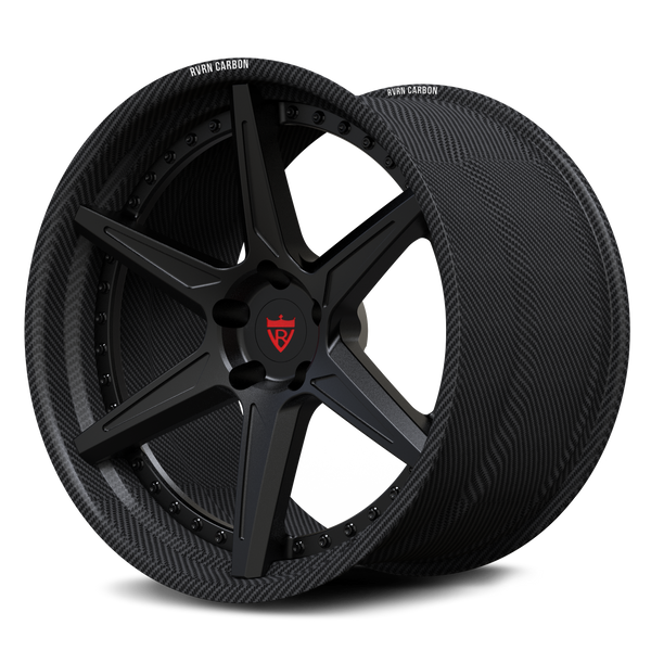 Real carbon fiber wheels for Audi R8, RVRN RV-DC19 genuine carbon fiber step lip and matte black center side profile view.
