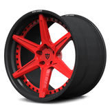 Genuine carbon fiber wheels for McLaren 720S, RVRN RV-DC19 real carbon fiber 2-piece stepped lip with gloss rvrn red accents.