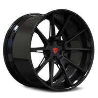 BMW M4 custom black rims, RVRN RV-DC26 matte black face with gloss black flat lip 10-spoke 2-piece deep dish wheels.