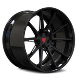 BMW M4 custom black rims, RVRN RV-DC26 matte black face with gloss black flat lip 10-spoke 2-piece deep dish wheels.