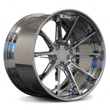 Maserati GranTurismo chrome wheels, RVRN RV-DC26 full chrome 10-spoke step lip deep dish 2-piece forged wheels angled view.