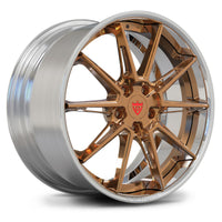 Porsche 911 custom forged wheels, RVRN RV-DC26 polished bronze face with polished step lip 10-spoke 2-piece deep dish rims angled view.