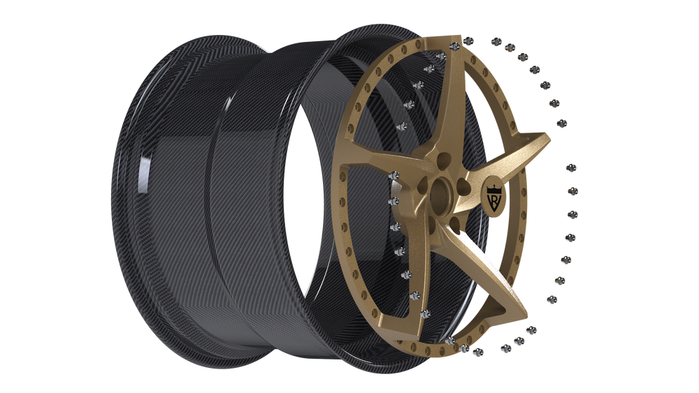 RVRN RV-DC35 CF carbon fiber wheel exploded view showing hybrid construction with carbon fiber barrel and forged aluminum center
