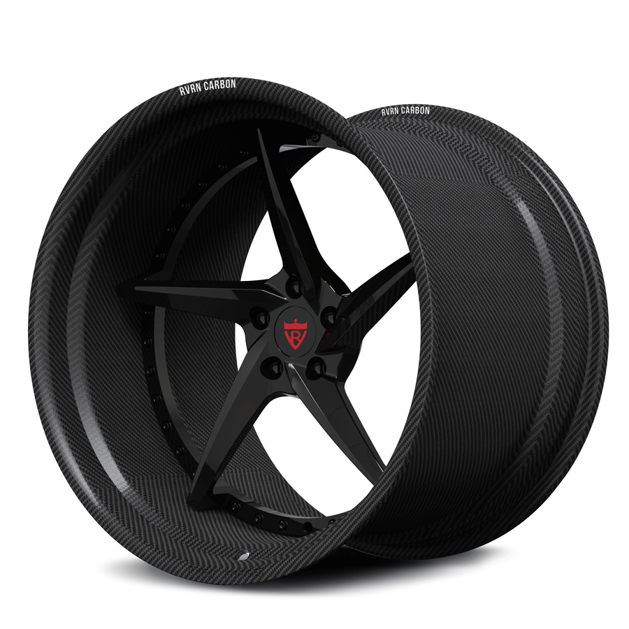 RVRN RV-DC35CF gloss black center and genuine carbon fiber step lip forged wheel, 2-piece design for Audi R8.