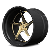 RVRN RV-DC35CF polished frozen gold center and genuine carbon fiber step lip forged wheel, deep profile view for Lamborghini Aventador.