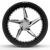 RVRN RV-DC35CF polished center and genuine carbon fiber step lip forged wheel, front profile view for Lamborghini Revuelto.
