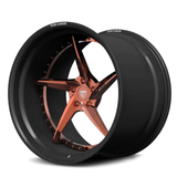 RVRN RV-DC35CF polished rose gold center and genuine carbon fiber step lip forged wheel, 2-piece profile view for Porsche GT3.