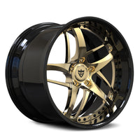 RVRN RV-DC36D 2-piece directional forged wheel in gloss black with polished frozen gold lip, deep dish design for modern Corvette C8 Z06.