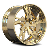 Porsche 911 custom gold wheels, RVRN RV-DC39 all polished frozen gold directional 2-piece deep dish wheels angled view.