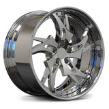 Maserati GranTurismo custom chrome wheels, RVRN RV-DC39 chrome directional 2-piece deep dish forged wheels angled view.