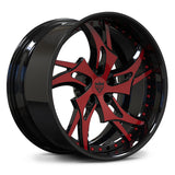 Corvette C8 custom red wheels, RVRN RV-DC39 gloss black and dark red spoke surface directional 2-piece deep dish wheels.
