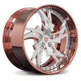 Aston Martin Vantage custom wheels, RVRN RV-DC39 polished with polished rose gold rim directional 2-piece deep dish rims.