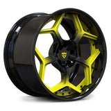 Corvette C8 aftermarket wheels, RVRN RV-DC491 gloss black to accelerated yellow gradient face with gloss black barrel concave split 5-spoke angled view.