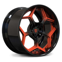 Corvette C8 custom concave wheels, RVRN RV-DC491 gloss black to daytona sunrise orange gradient face with gloss black barrel split Y-spoke angled view.