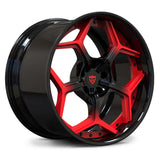 Corvette C8 Z06 custom wheels, RVRN RV-DC491 gloss black to red mist gradient face with gloss black barrel concave geometric split 5-spoke angled view.