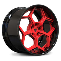 Corvette C8 Stingray custom wheels, RVRN RV-DC491 solid rvrn red face with gloss black barrel concave geometric split 5-spoke 2-piece angled view