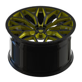 Deep concave 1-piece forged wheel, piano black with yellow window accent
