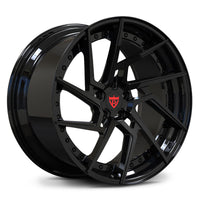 RVRN RV-DF041 all gloss black directional style wheel with red crown center emblem, deep dish step lip look.